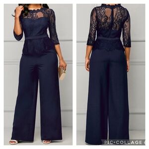 Shein Navy Blue‎ Belted Lace Illusion Neckline Jumpsuit